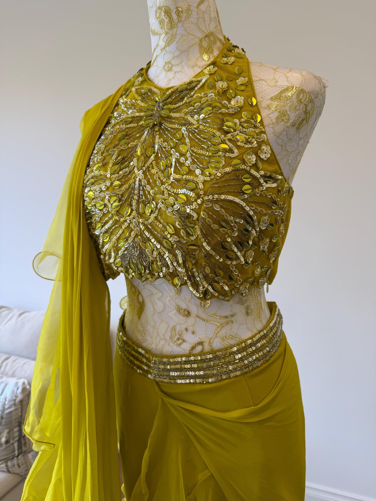 Mehendi Green Ruffle Saree with Halter Neck Blouse