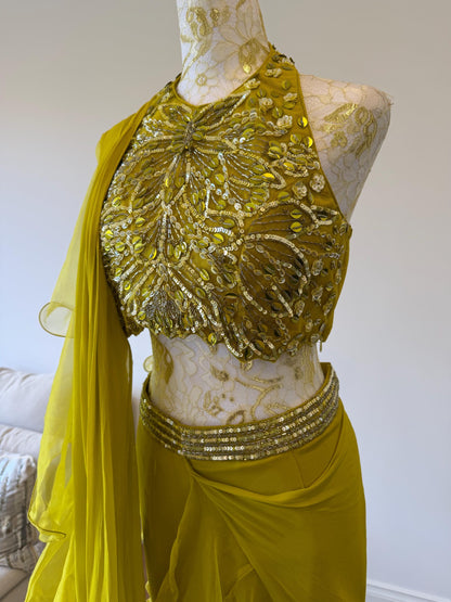 Mehendi Green Ruffle Saree with Halter Neck Blouse