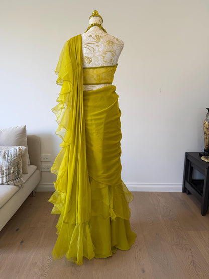 Mehendi Green Ruffle Saree with Halter Neck Blouse