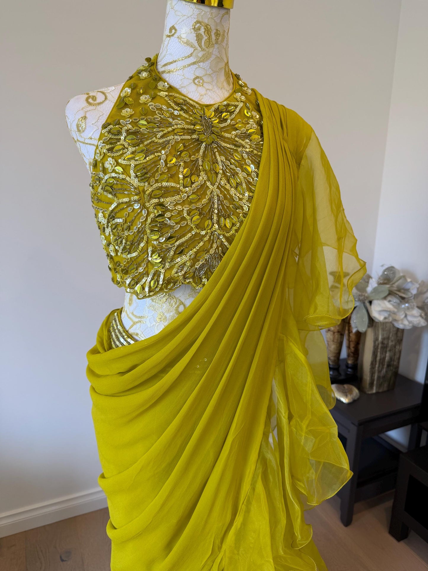 Mehendi Green Ruffle Saree with Halter Neck Blouse