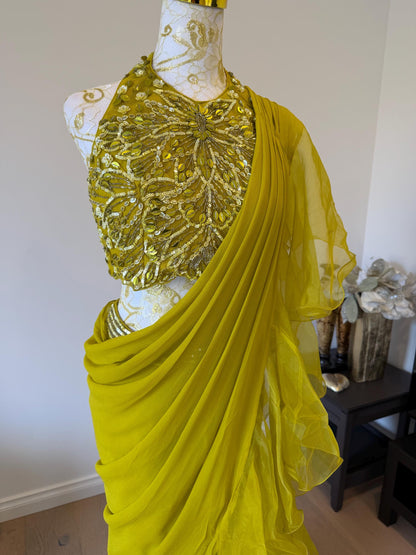 Mehendi Green Ruffle Saree with Halter Neck Blouse