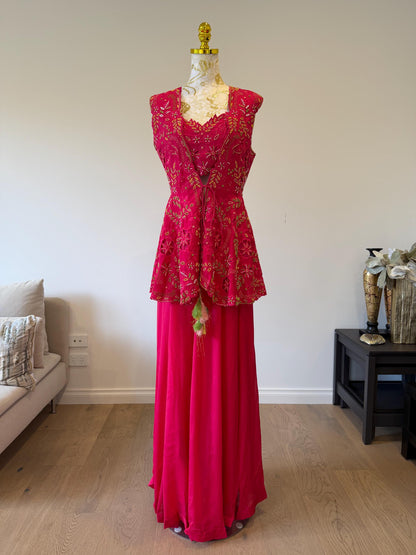 Dark Pink Fuchsia Indo-Western 3-Piece Set | Chanderi Silk Peplum Jacket, Chinon Skirt