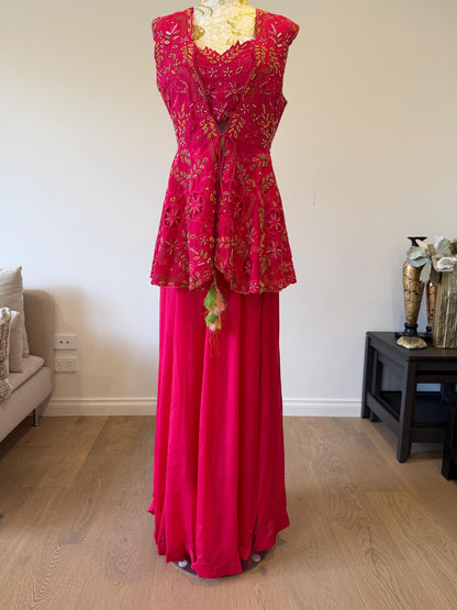 Dark Pink Fuchsia Indo-Western 3-Piece Set | Chanderi Silk Peplum Jacket, Chinon Skirt