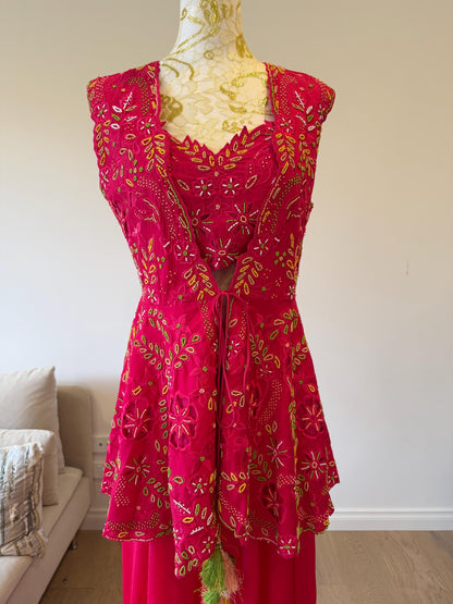 Dark Pink Fuchsia Indo-Western 3-Piece Set | Chanderi Silk Peplum Jacket, Chinon Skirt