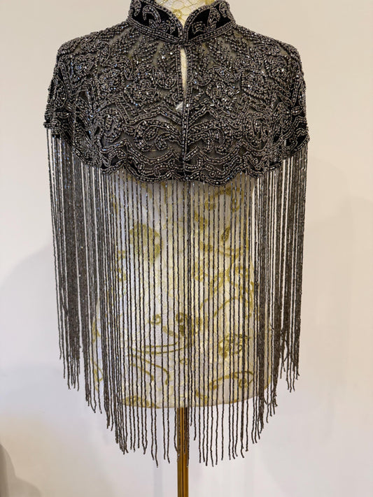 Black Beaded Fringe Capelet | Metallic Gunmetal Beads, Handmade Evening Overlay