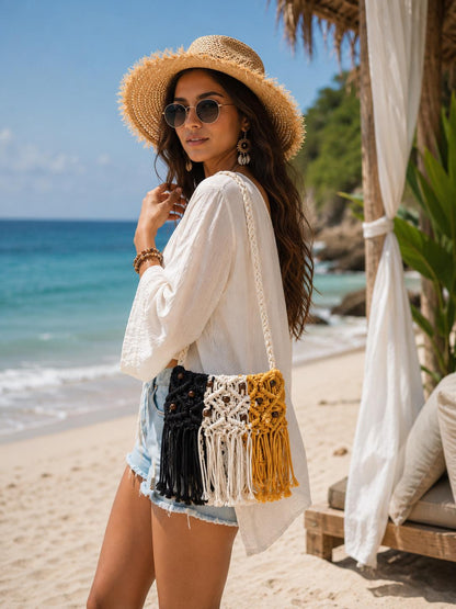 Handmade Boho Macramé Sling Bag | Black White Mustard Crossbody Fringe Purse