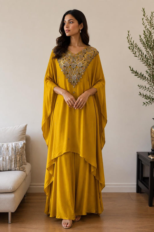 Mustard Yellow Kaftan Set | Hand Embroidered Dabka Sequin Festive Outfit