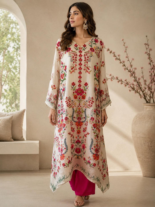 Off White Floral Pakistani Kurta Set