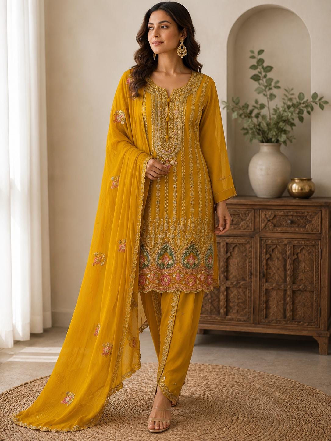 Mustard Chinon Embroidered A-Line Suit