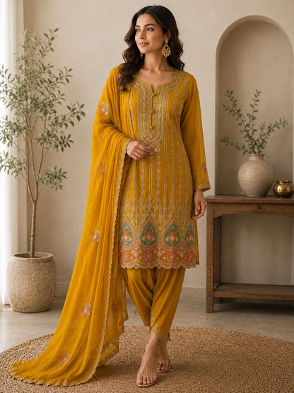 Mustard Chinon Embroidered A-Line Suit