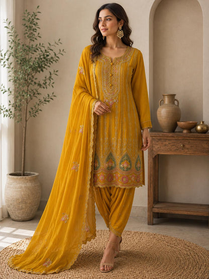 Mustard Chinon Embroidered A-Line Suit