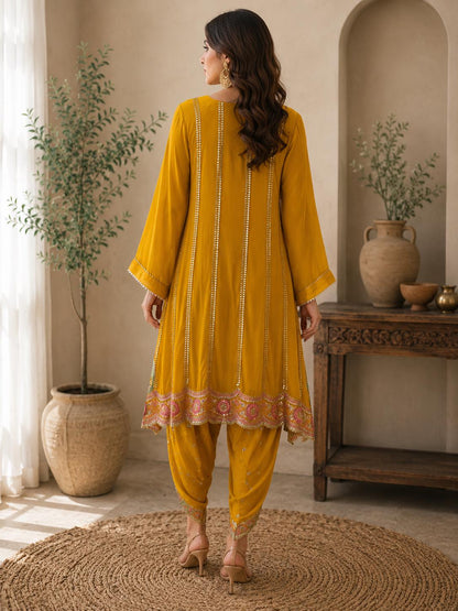Mustard Chinon Embroidered A-Line Suit