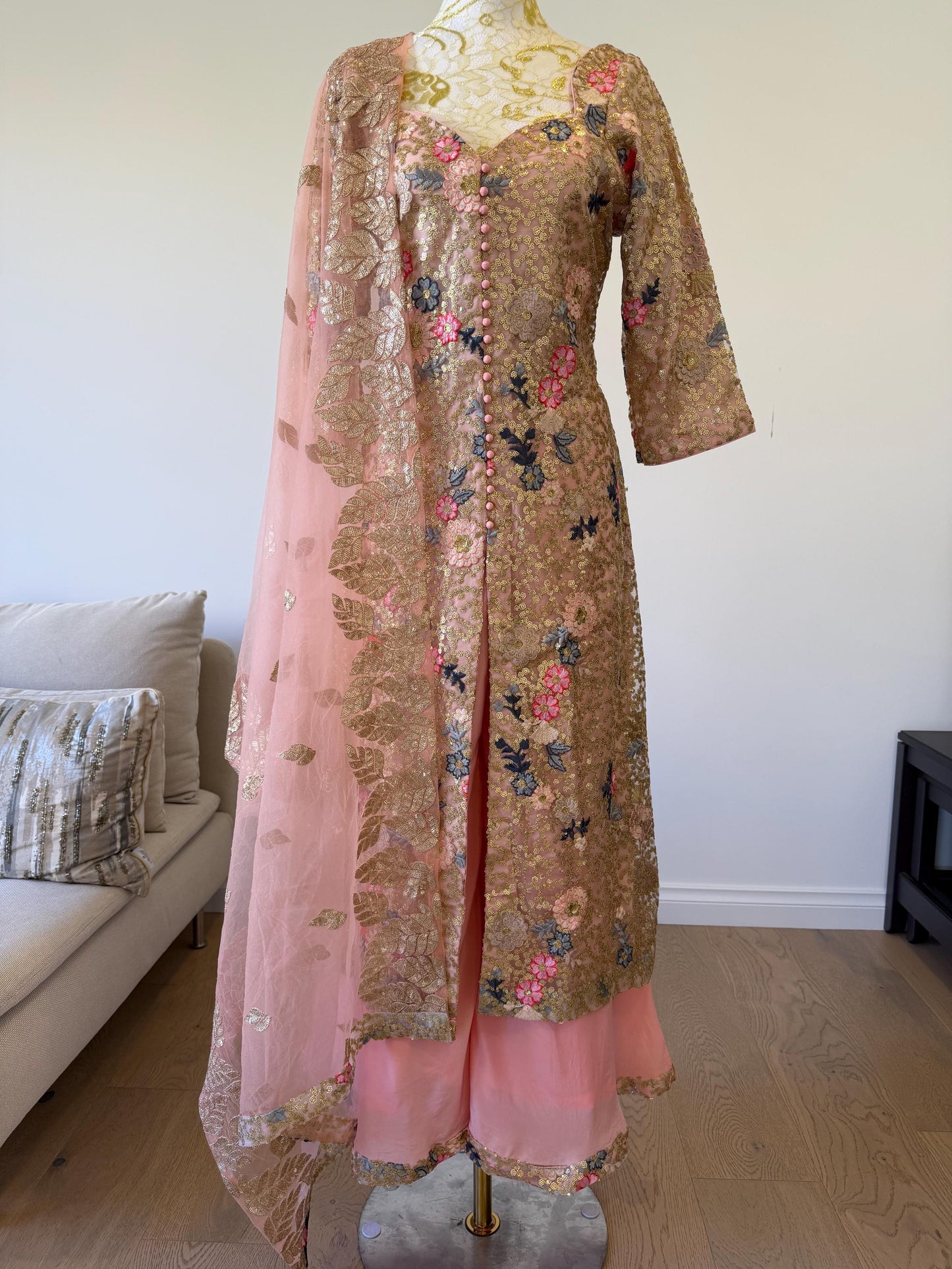 Designer Peach Pink Embroidered Net Pakistani Suit