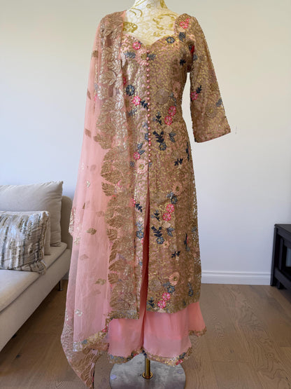 Designer Peach Pink Embroidered Net Pakistani Suit