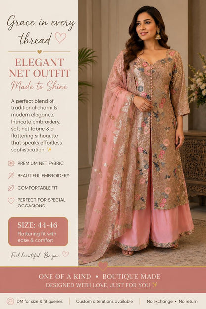 Designer Peach Pink Embroidered Net Pakistani Suit