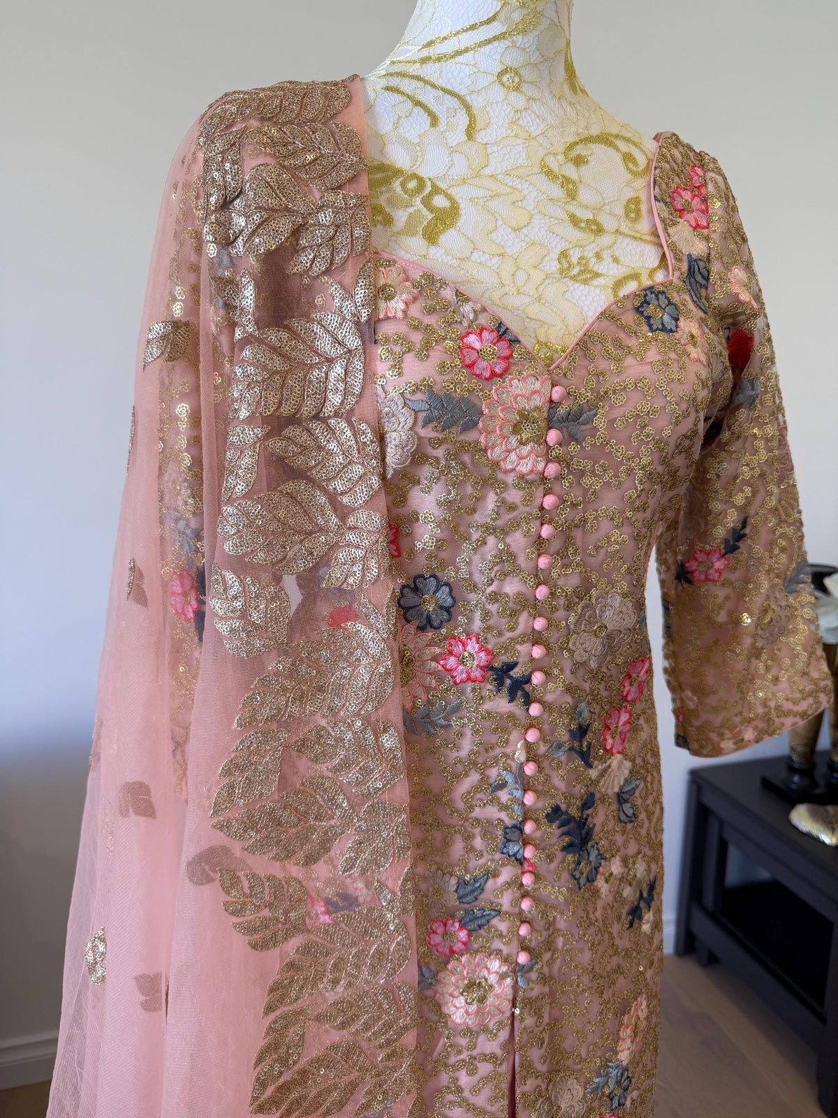 Designer Peach Pink Embroidered Net Pakistani Suit