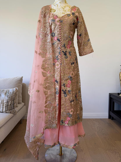 Designer Peach Pink Embroidered Net Pakistani Suit