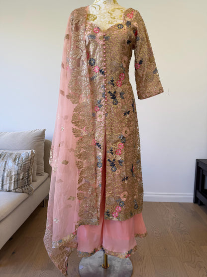 Designer Peach Pink Embroidered Net Pakistani Suit