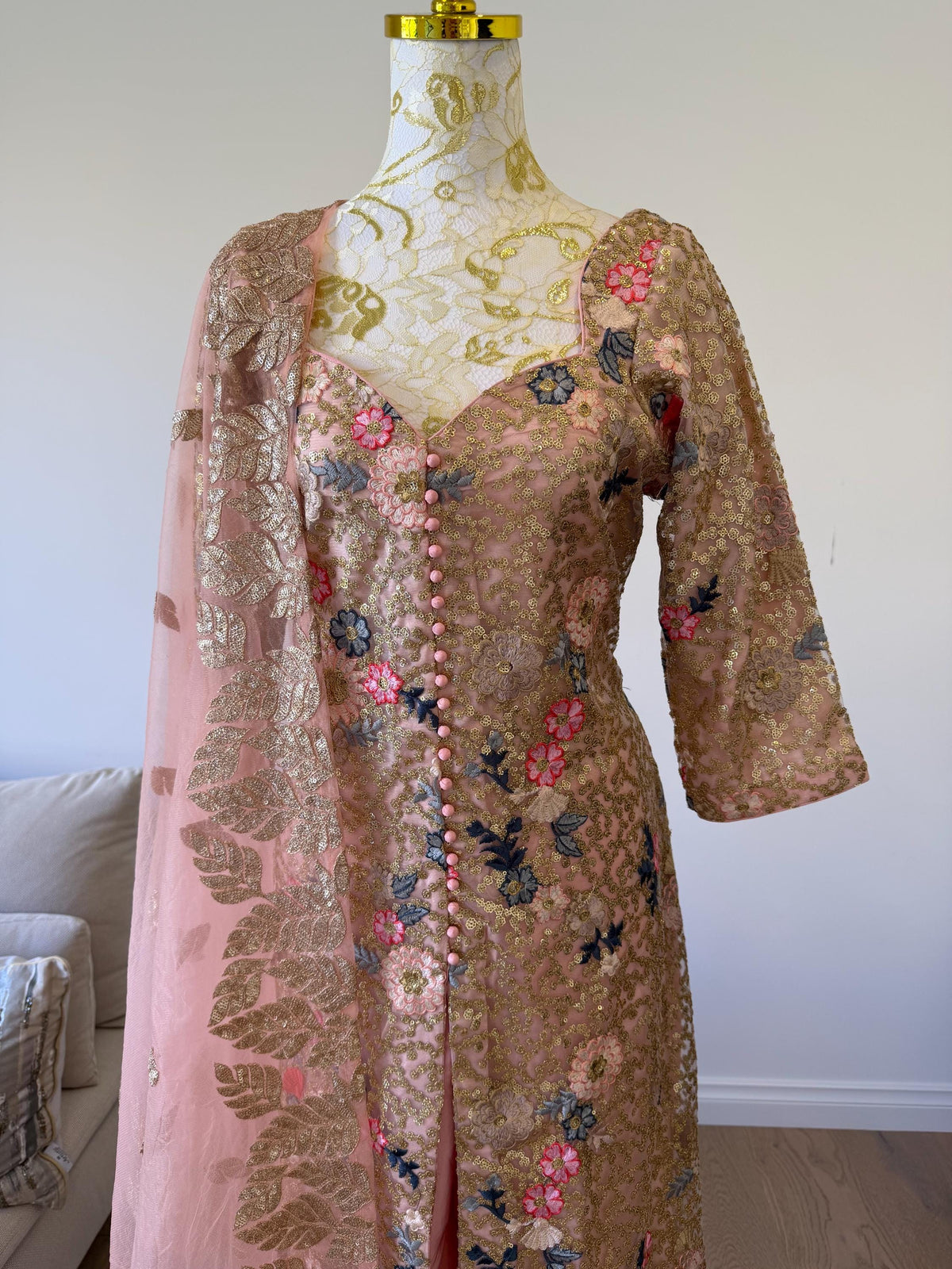 Designer Peach Pink Embroidered Net Pakistani Suit