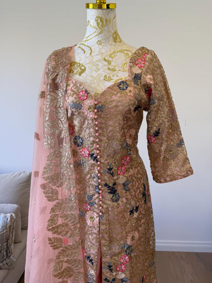 Designer Peach Pink Embroidered Net Pakistani Suit