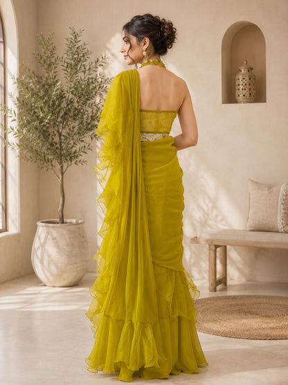 Mehendi Green Ruffle Saree with Halter Neck Blouse