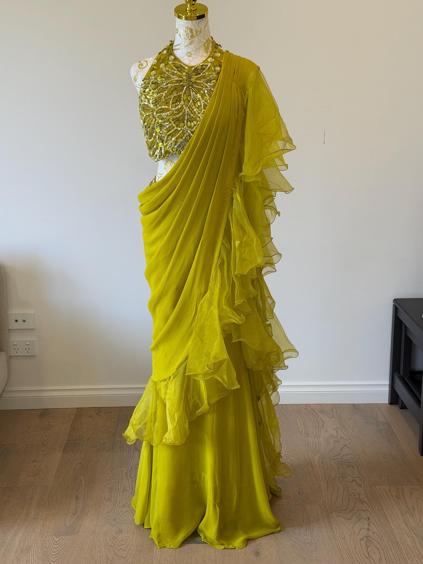 Mehendi Green Ruffle Saree with Halter Neck Blouse