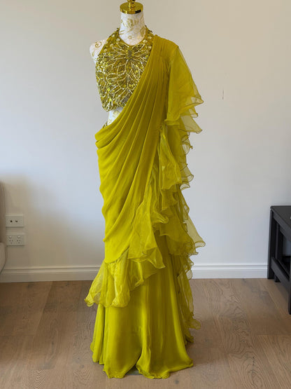 Mehendi Green Ruffle Saree with Halter Neck Blouse