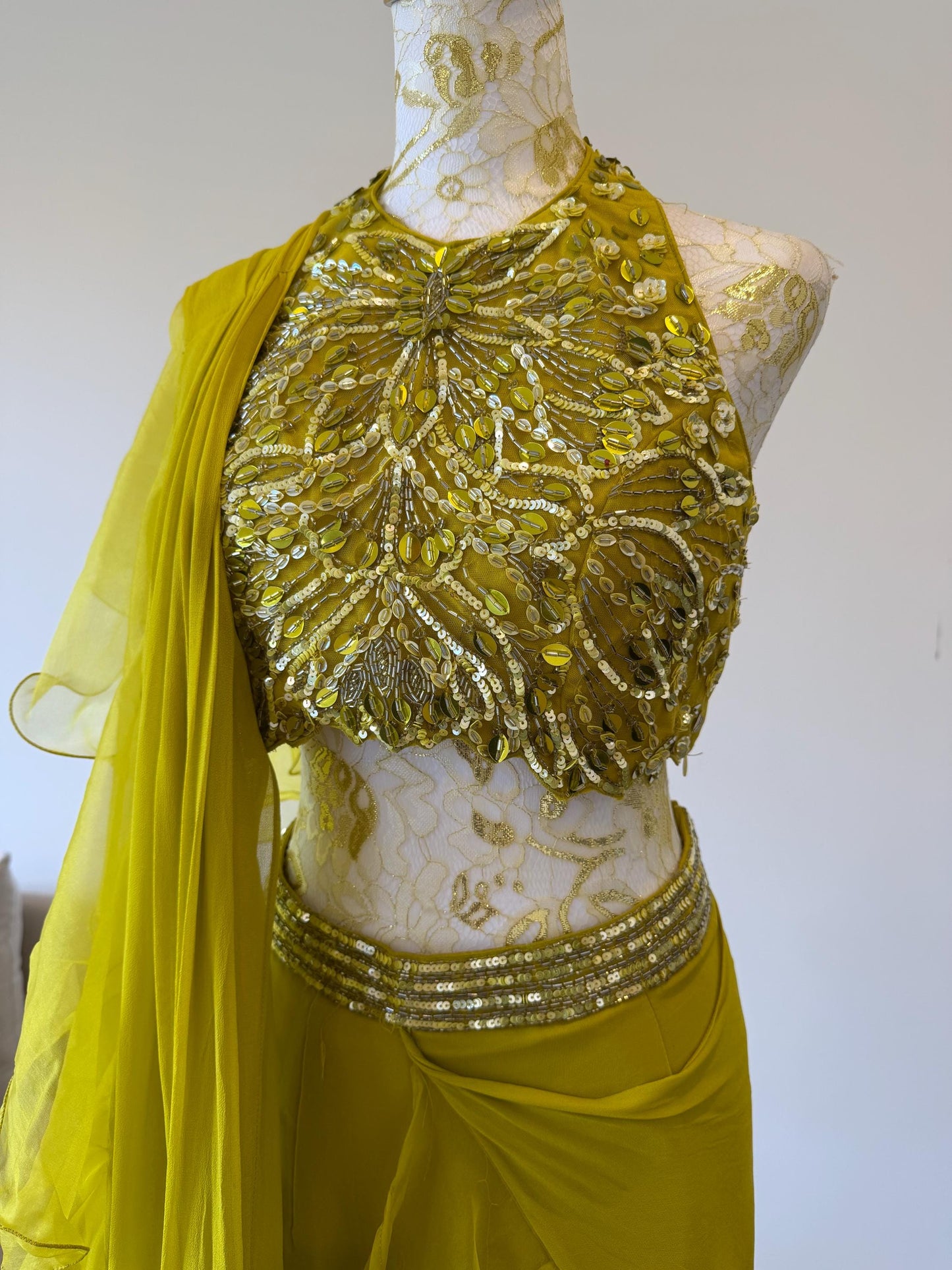 Mehendi Green Ruffle Saree with Halter Neck Blouse