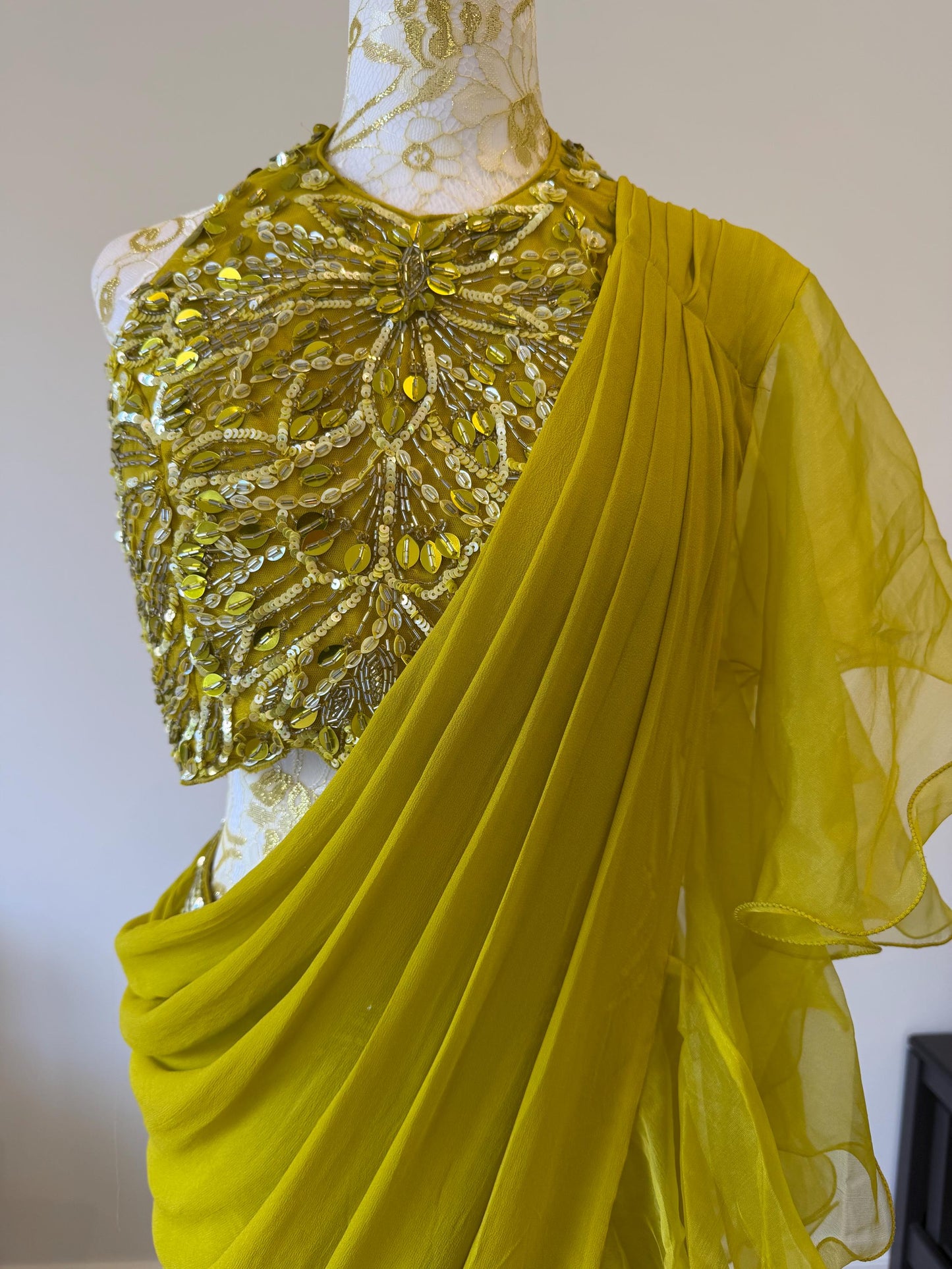 Mehendi Green Ruffle Saree with Halter Neck Blouse