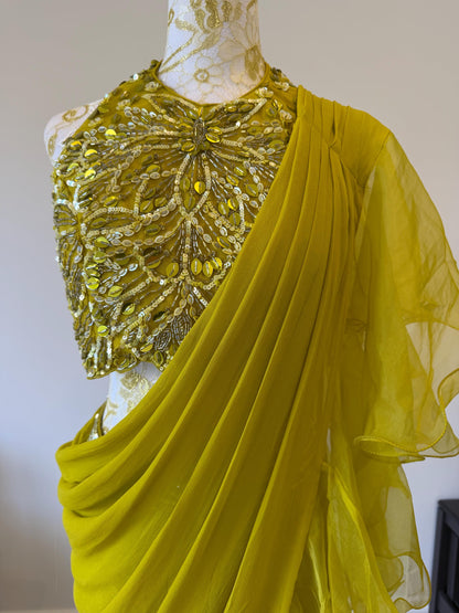 Mehendi Green Ruffle Saree with Halter Neck Blouse
