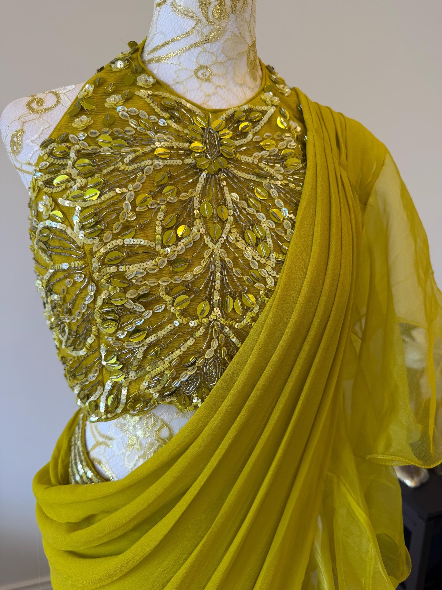 Mehendi Green Ruffle Saree with Halter Neck Blouse