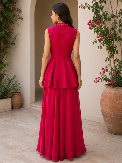 Dark Pink Fuchsia Indo-Western 3-Piece Set | Chanderi Silk Peplum Jacket, Chinon Skirt