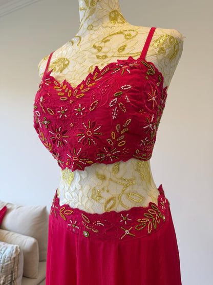Dark Pink Fuchsia Indo-Western 3-Piece Set | Chanderi Silk Peplum Jacket, Chinon Skirt