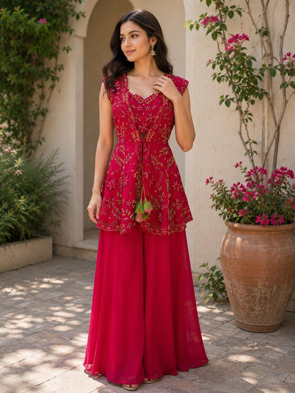 Dark Pink Fuchsia Indo-Western 3-Piece Set | Chanderi Silk Peplum Jacket, Chinon Skirt