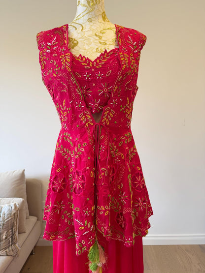 Dark Pink Fuchsia Indo-Western 3-Piece Set | Chanderi Silk Peplum Jacket, Chinon Skirt