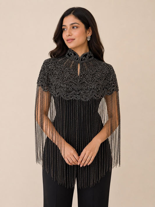 Black Beaded Fringe Capelet | Metallic Gunmetal Beads, Handmade Evening Overlay