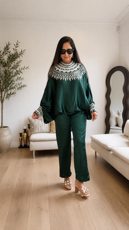 Bottle Green Satin Silk Co-Ord Set