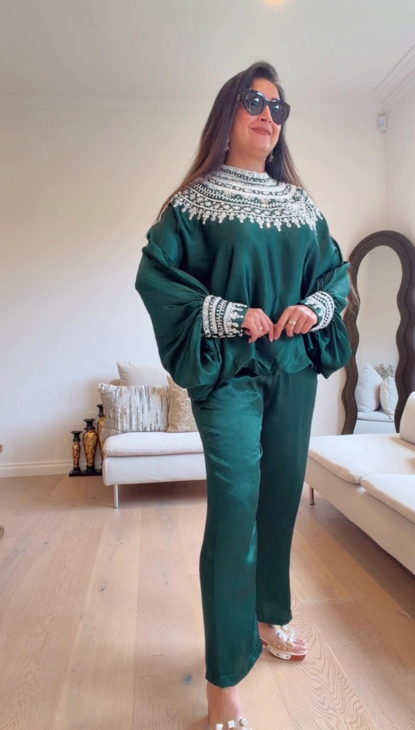 Bottle Green Satin Silk Co-Ord Set