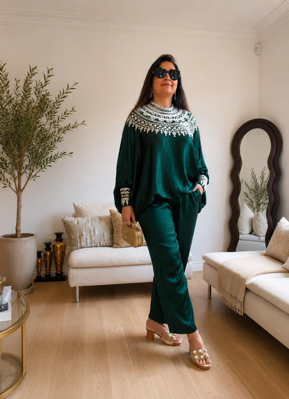 Bottle Green Satin Silk Co-Ord Set