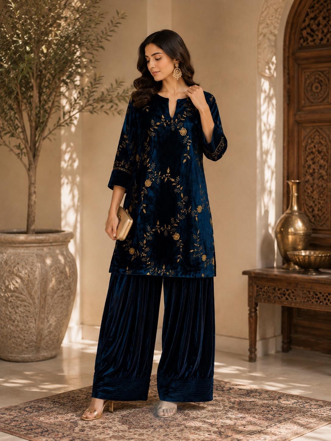 Teal Blue Micro Velvet Pakistani Suit