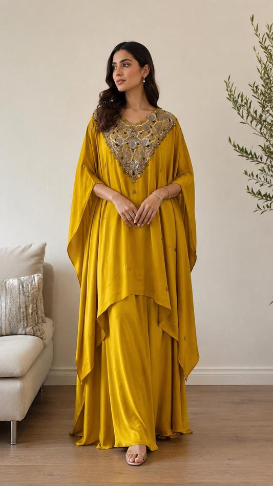 Mustard Yellow Kaftan Set | Hand Embroidered Dabka Sequin Festive Outfit
