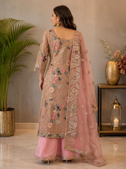 Designer Peach Pink Embroidered Net Pakistani Suit