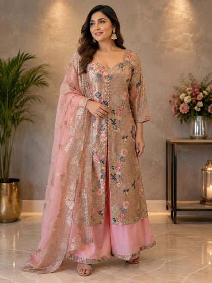 Designer Peach Pink Embroidered Net Pakistani Suit