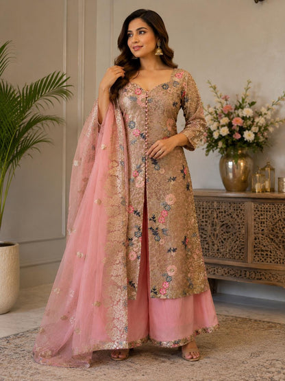 Designer Peach Pink Embroidered Net Pakistani Suit