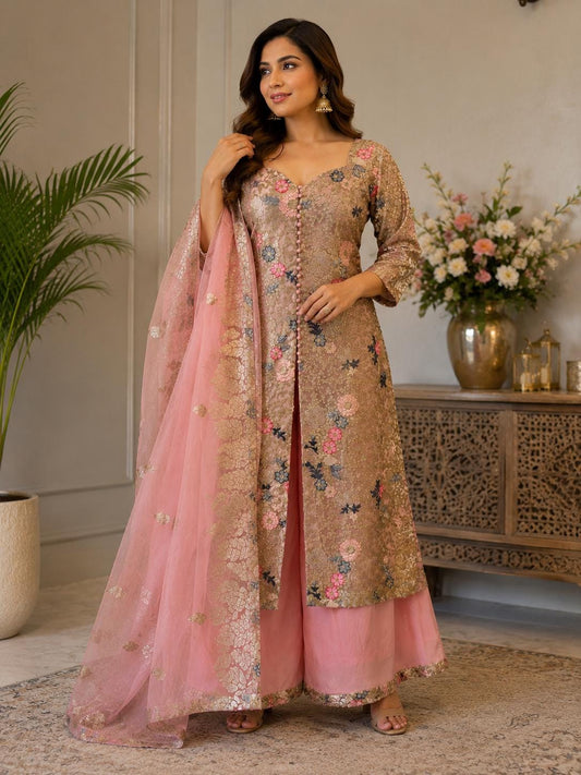 Designer Peach Pink Embroidered Net Pakistani Suit