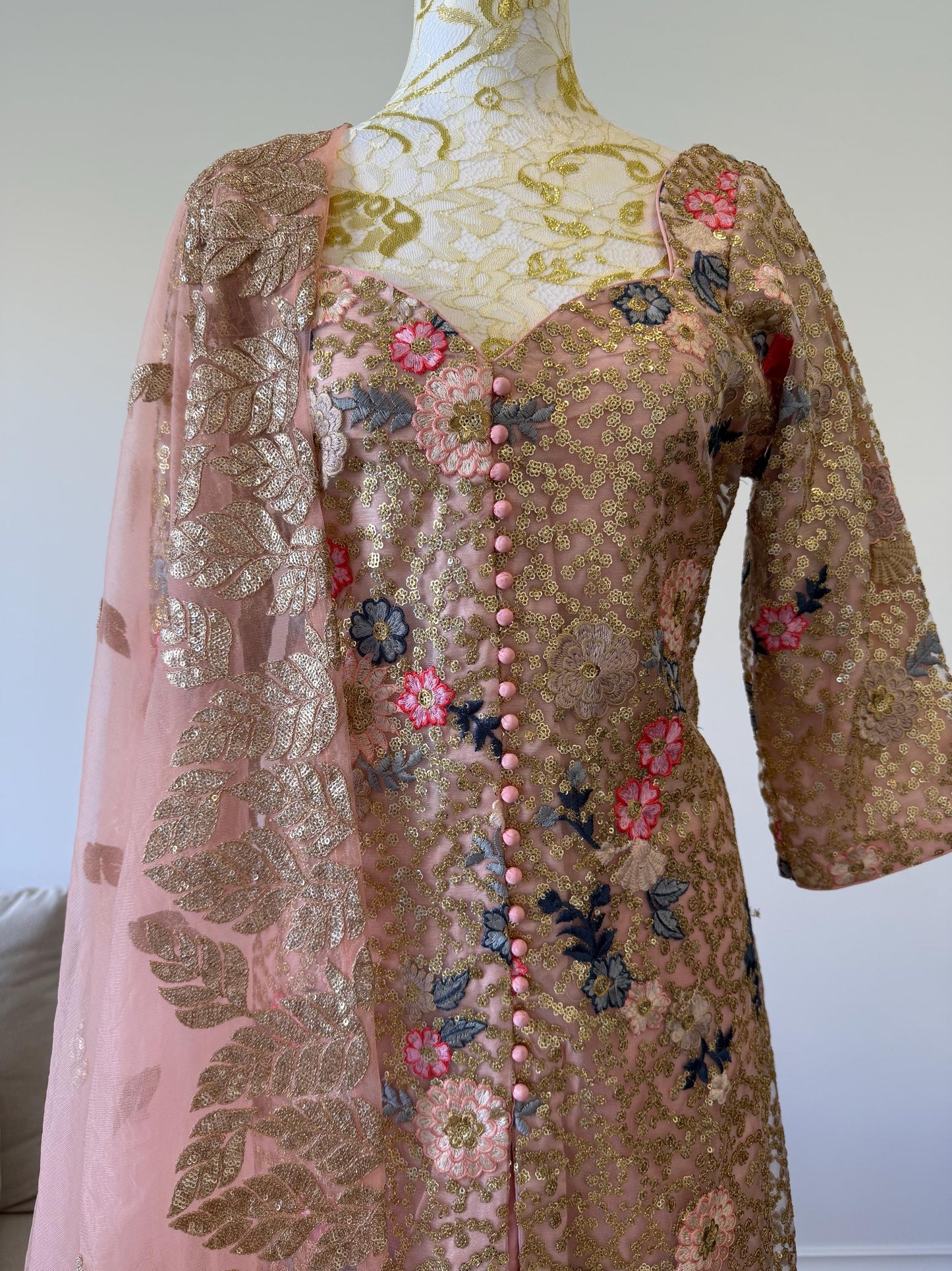 Designer Peach Pink Embroidered Net Pakistani Suit
