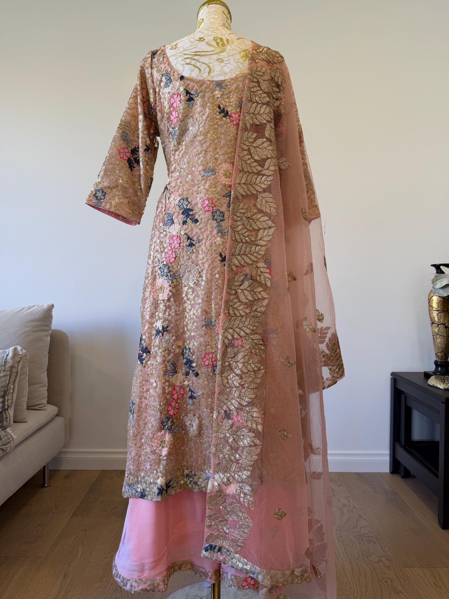 Designer Peach Pink Embroidered Net Pakistani Suit