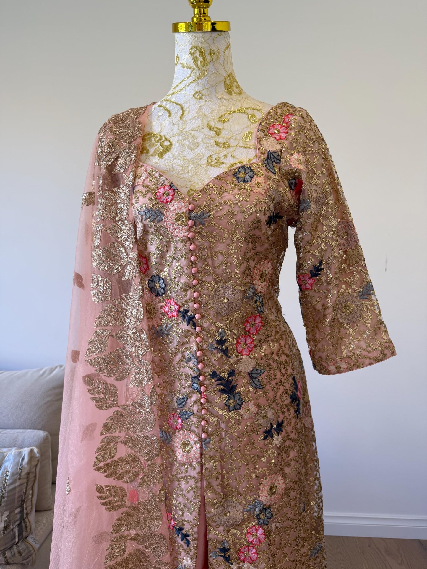 Designer Peach Pink Embroidered Net Pakistani Suit