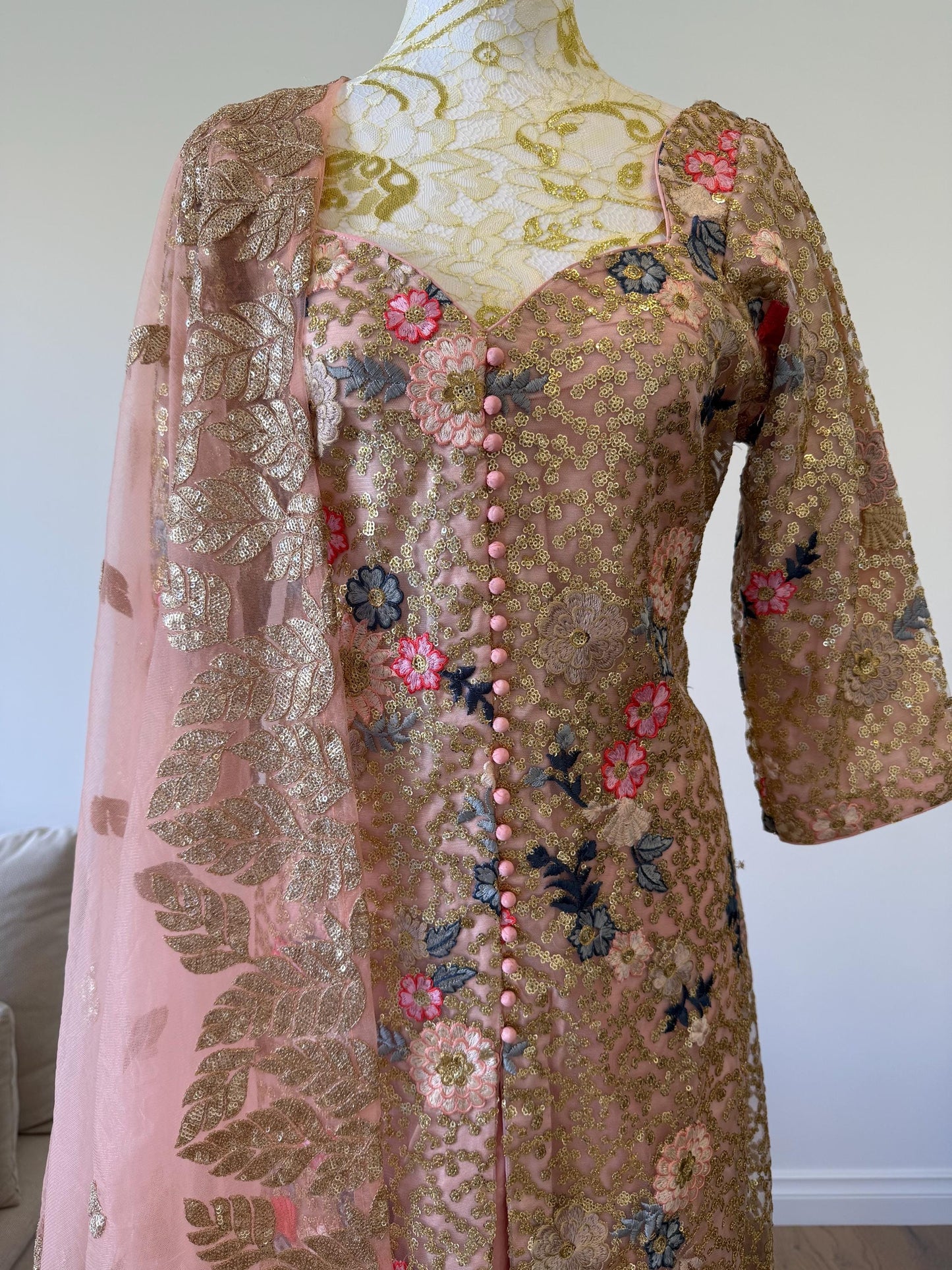 Designer Peach Pink Embroidered Net Pakistani Suit