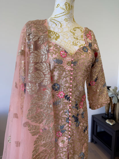 Designer Peach Pink Embroidered Net Pakistani Suit